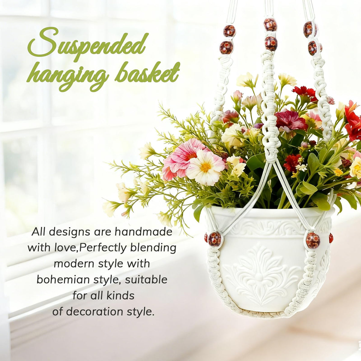 HOREAKHJ wood-bead accents on macrame hanger add boho visual appeal.