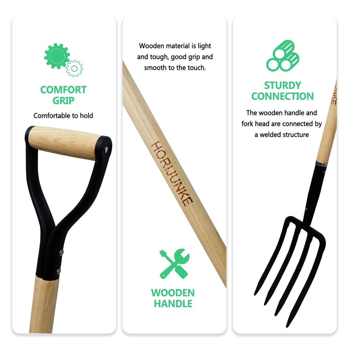 HORIJUNKE forged Y-grip enables two-handed control for precise digging.