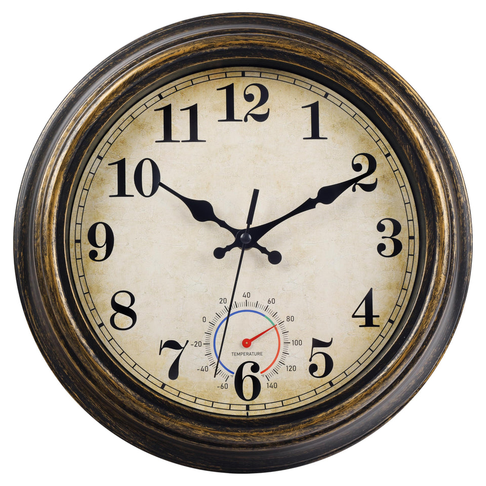 Horizent 12-inch outdoor clock on wall for durable patio decor.
