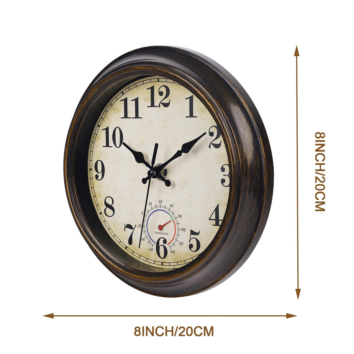 Horizent 8-inch vintage clock image highlighting easy hanging with triangular slot.