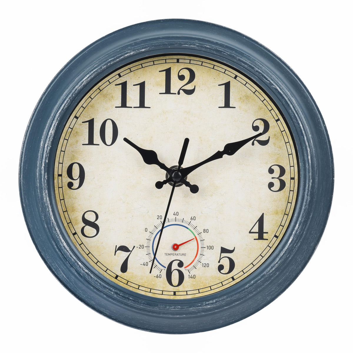 Horizent outdoor clock blue coastal front view shows weather-ready elegance for patios