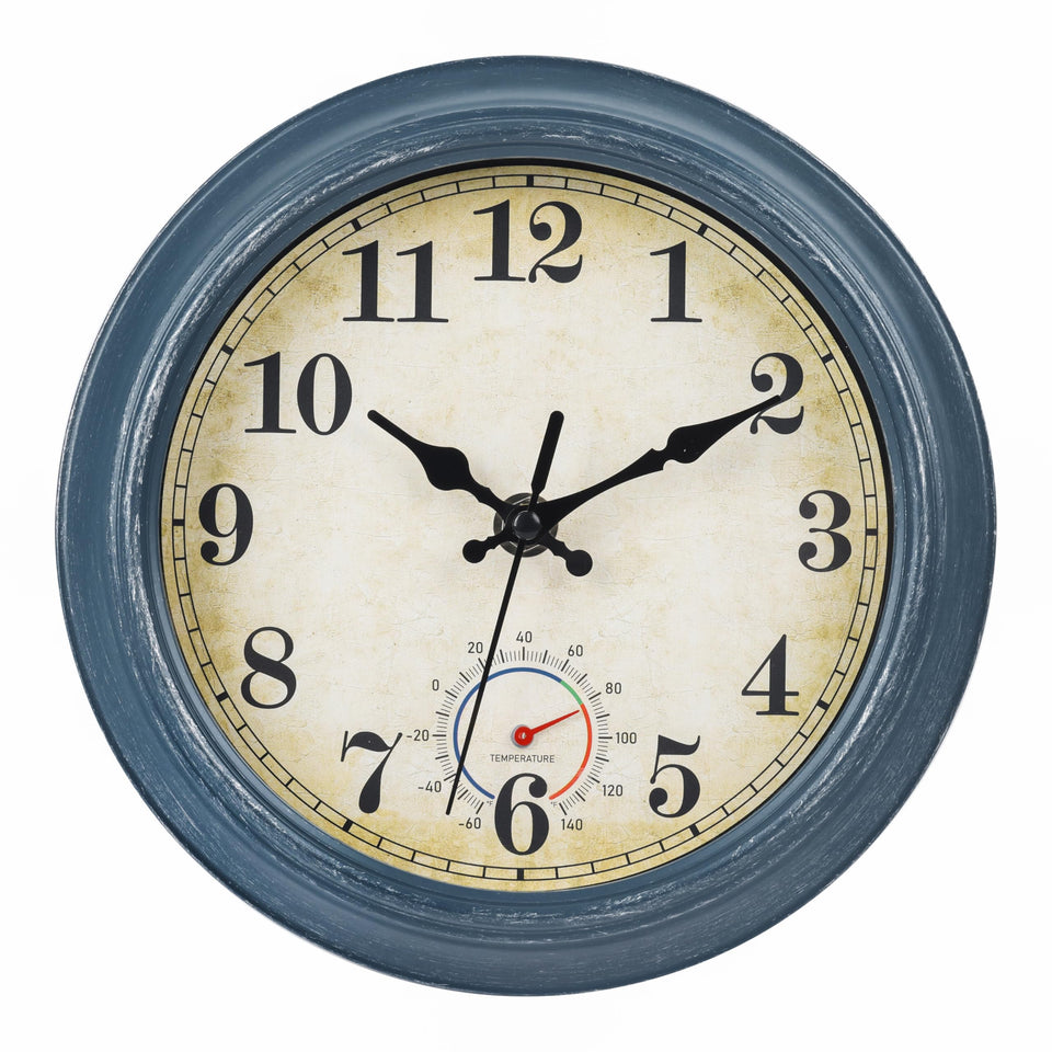 Horizent outdoor clock blue coastal front view shows weather-ready elegance for patios