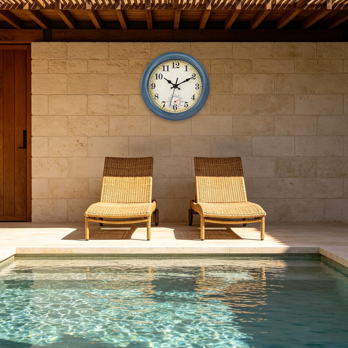 Horizent outdoor clock blue coastal thermometer face provides practical temperature readings