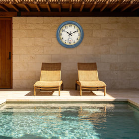 Horizent outdoor clock blue coastal thermometer face provides practical temperature readings