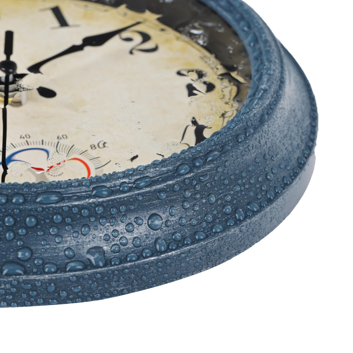 Horizent blue coastal clock near pool area shows durable outdoor performance