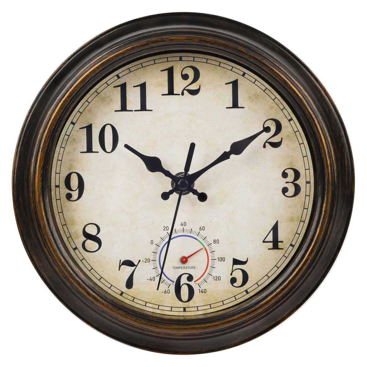 Horizent outdoor clock face in bronze with weatherproof durability for patios.