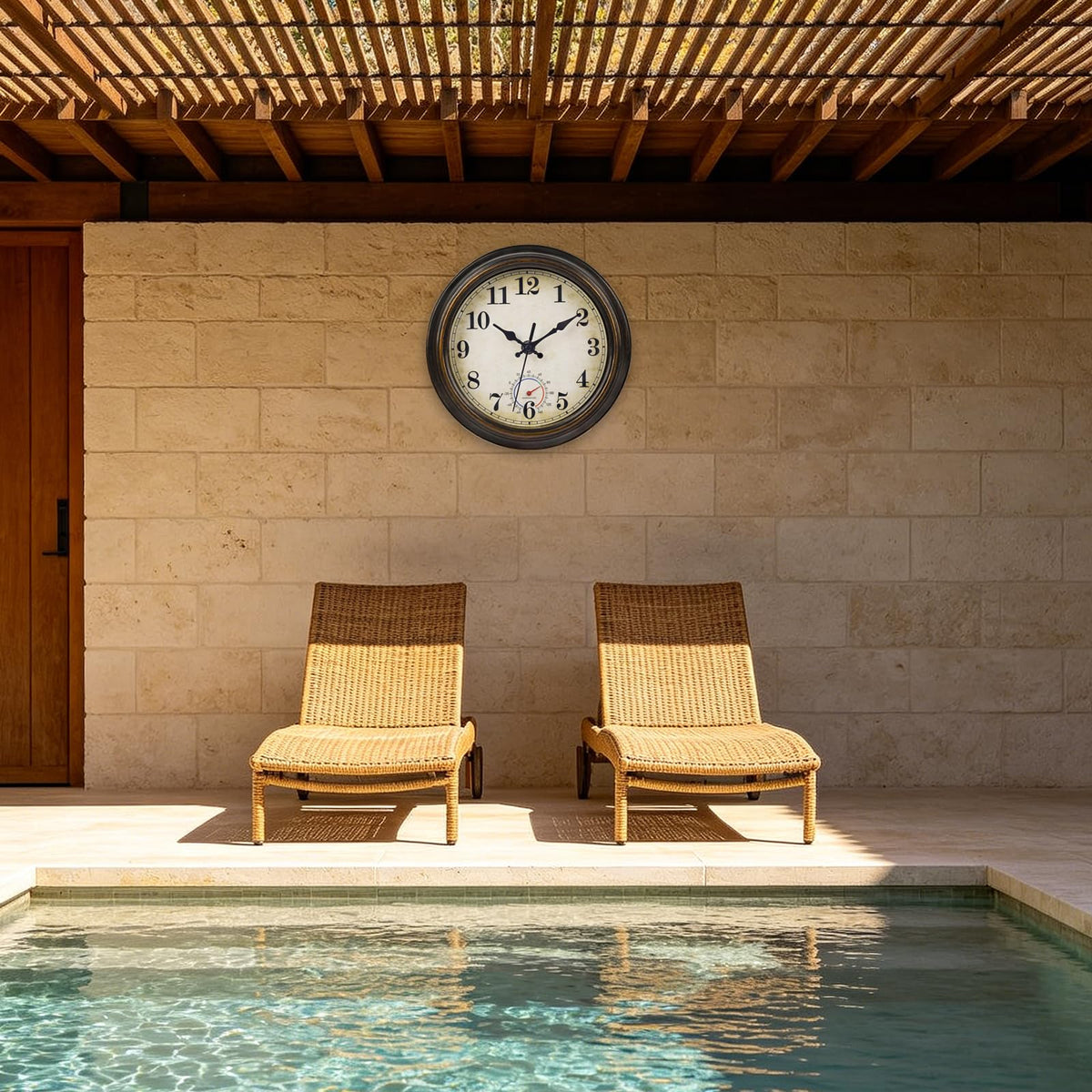 Horizent thermometer display on clock face for quick outdoor temperature checks.