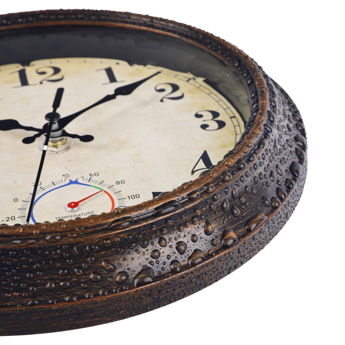 Horizent waterproof clock at poolside illustrating weather resistance in wet spaces.
