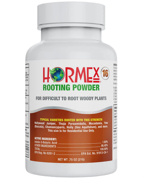 Hormex Rooting Powder bottle-dip with 1.6% IBA boosts hardwood cuttings.