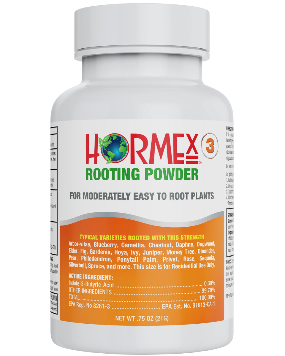 Hormex Rooting Powder #3 bottle closeup shows product focus for root development.