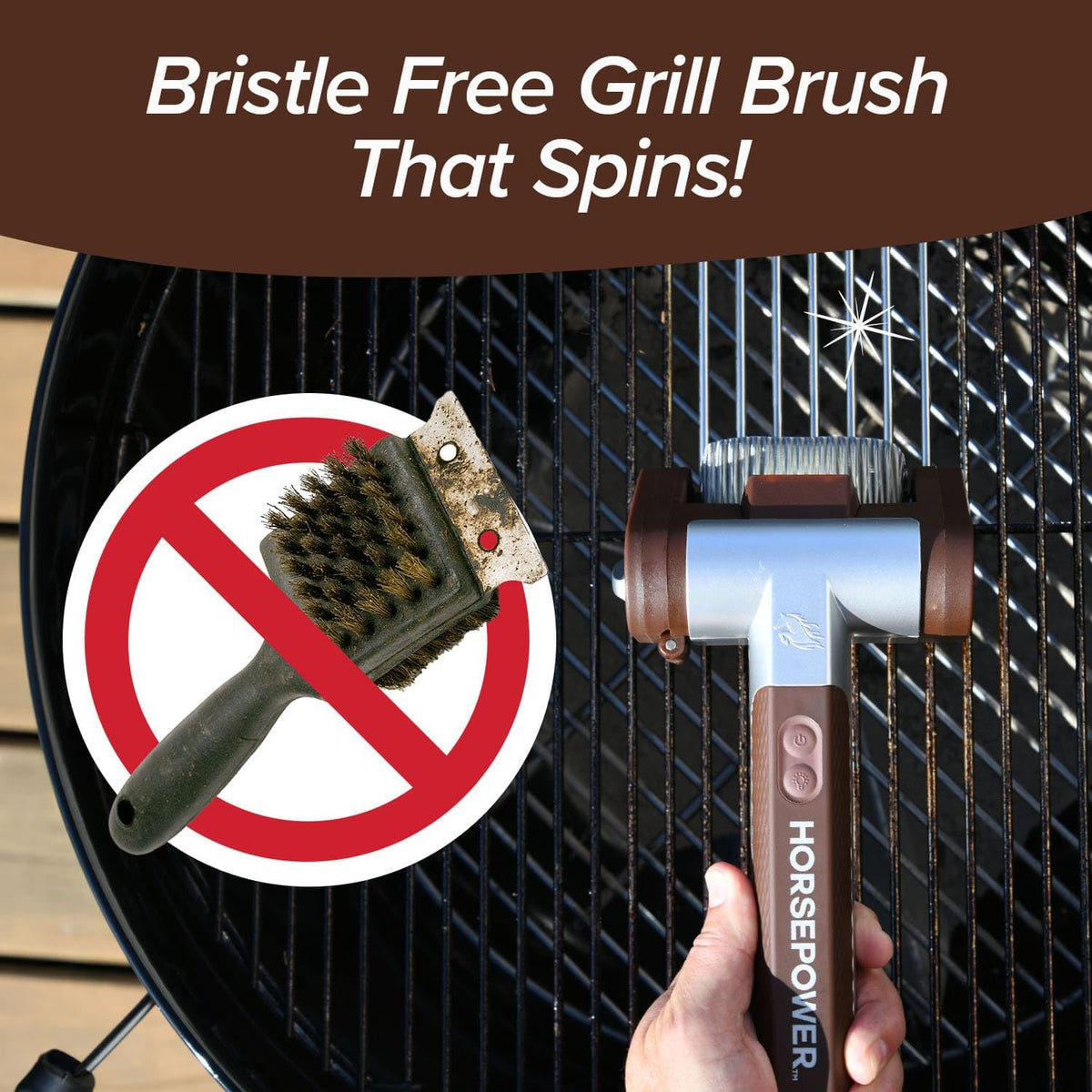 Horsepower Giddy Up power roller in 304 stainless steel cleans stubborn grates and burnt-on residue.