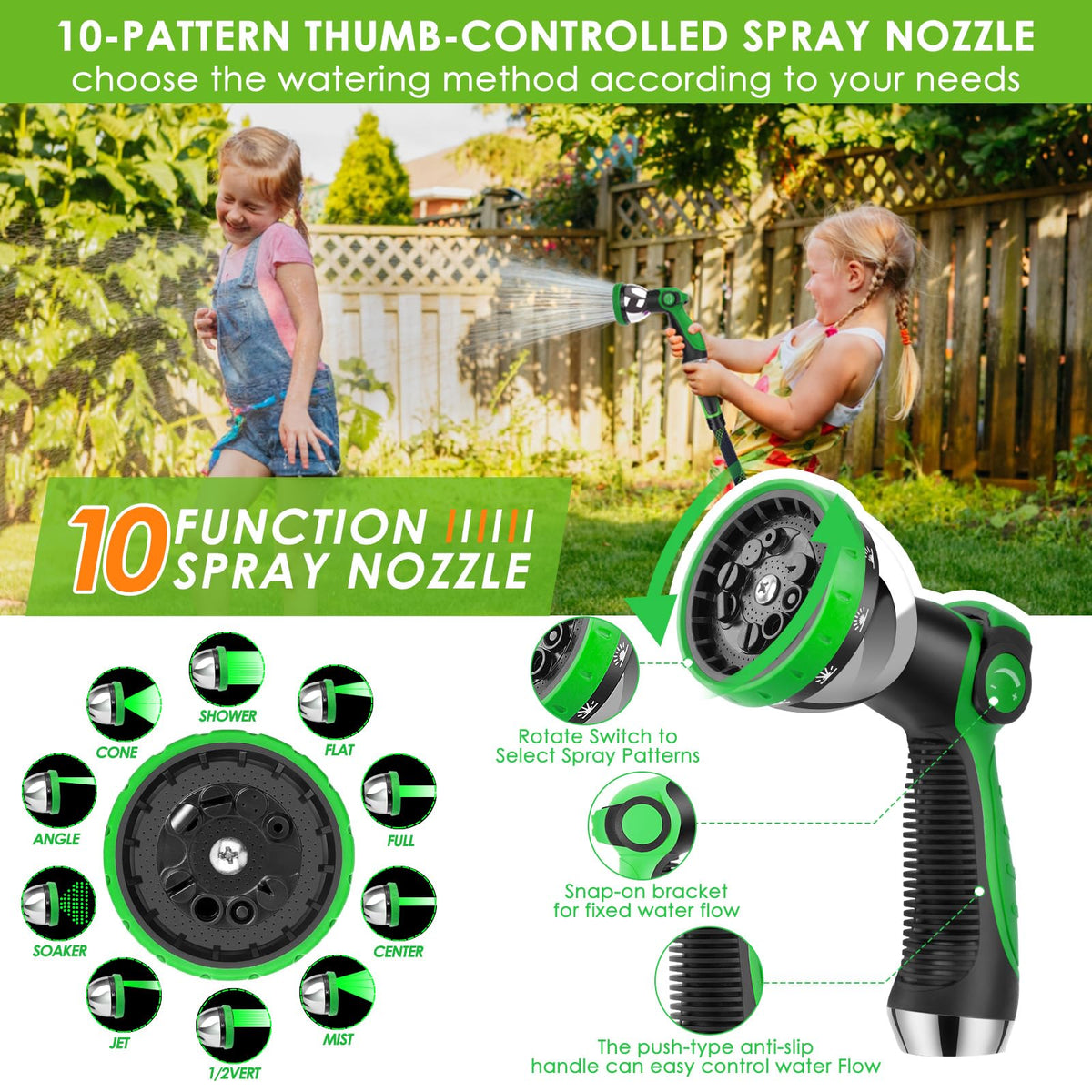 HORTICORA 10-pattern spray nozzle provides versatile settings for lawns and car washes.