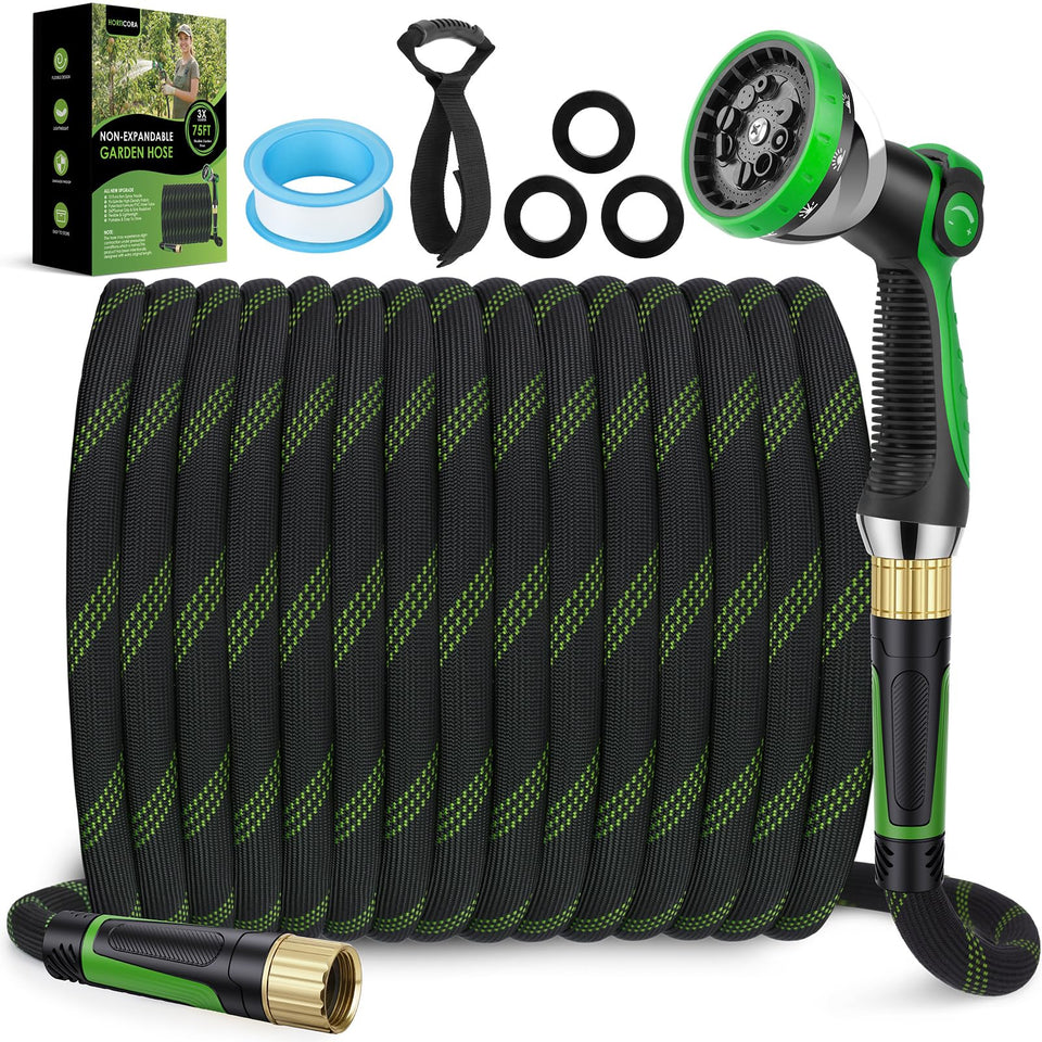 HORTICORA non-expanding garden hose 75ft offers lightweight operation for effortless watering.