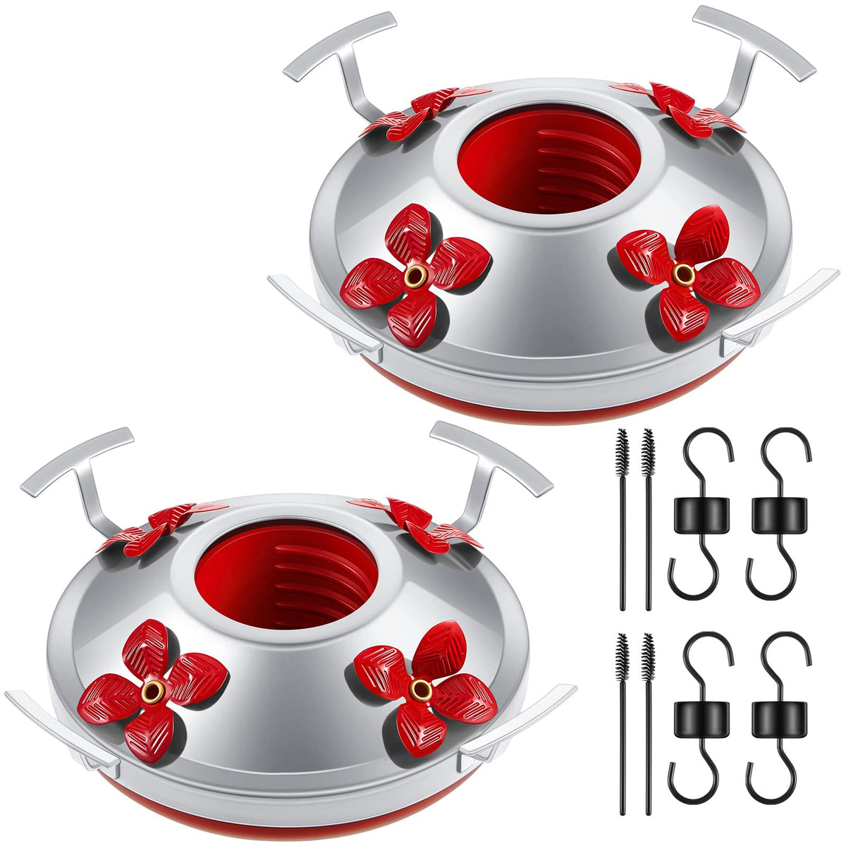 Hortsun bottom base with red flowers, perches and four ports for multiple hummingbirds