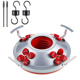 Hortsun hummingbird feeder bottom base with red metal flowers and four feeding ports for multiple birds.