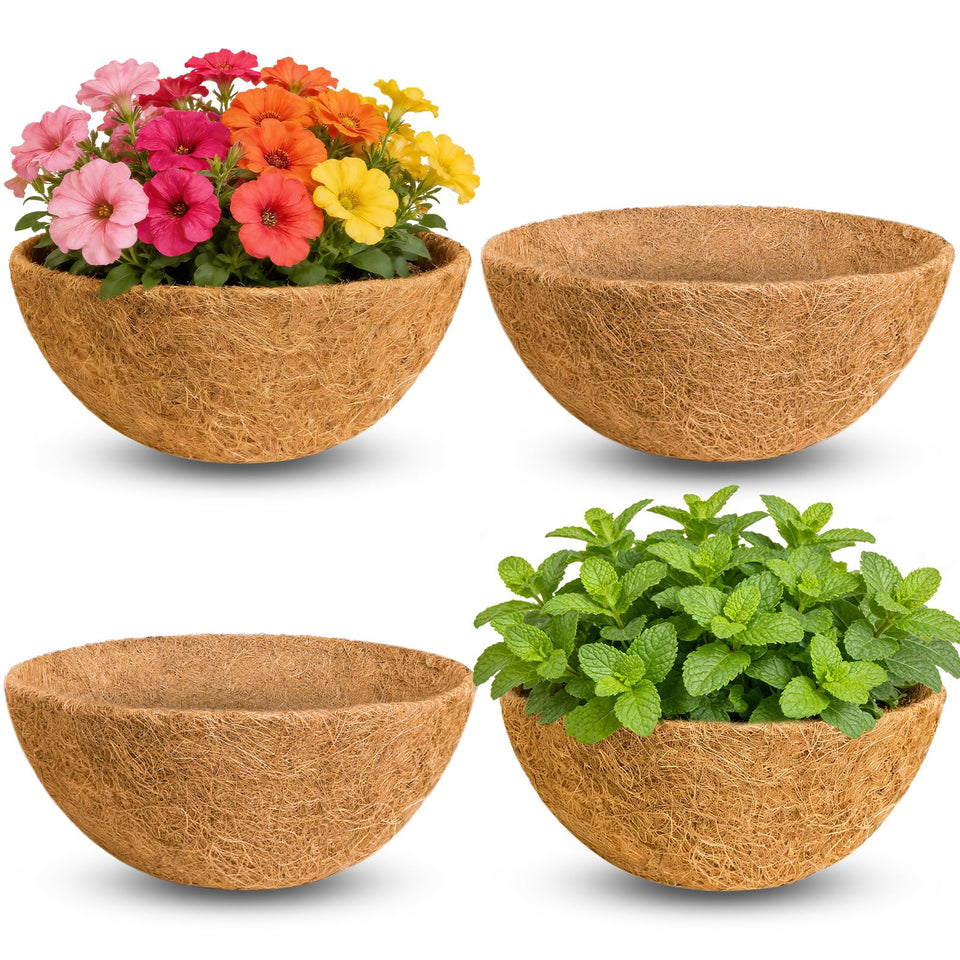 Hoscabss four-pack, 14-inch coco liner packaging shows eco-friendly planter choice.