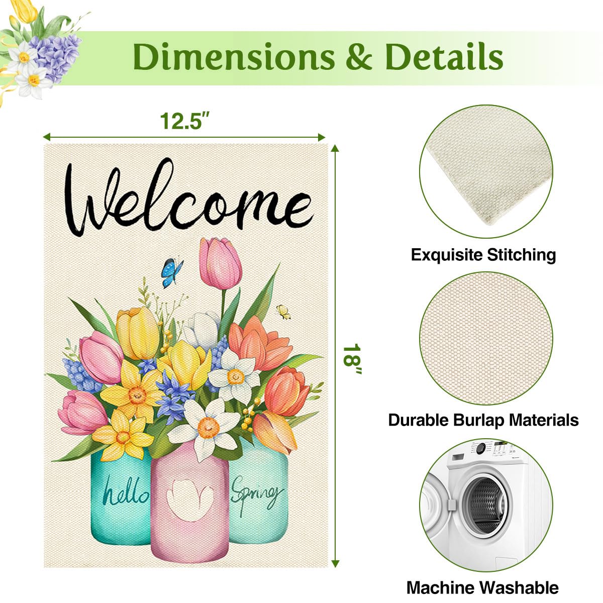 HOSCAPE Welcome Spring flag 12x18 size fits standard stands.