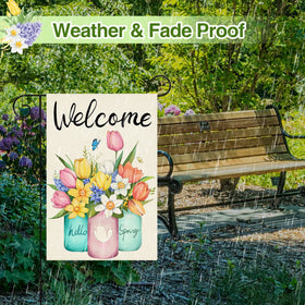 HOSCAPE Welcome Spring flag burlap texture adds rustic charm.