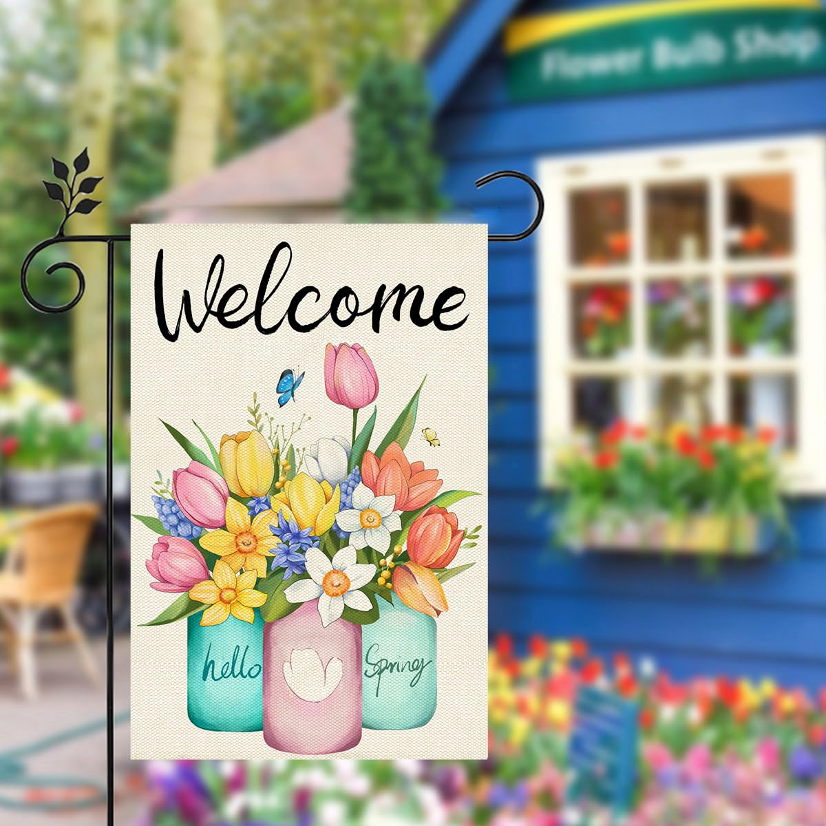HOSCAPE Welcome Spring flag double-sided design visible from both directions.