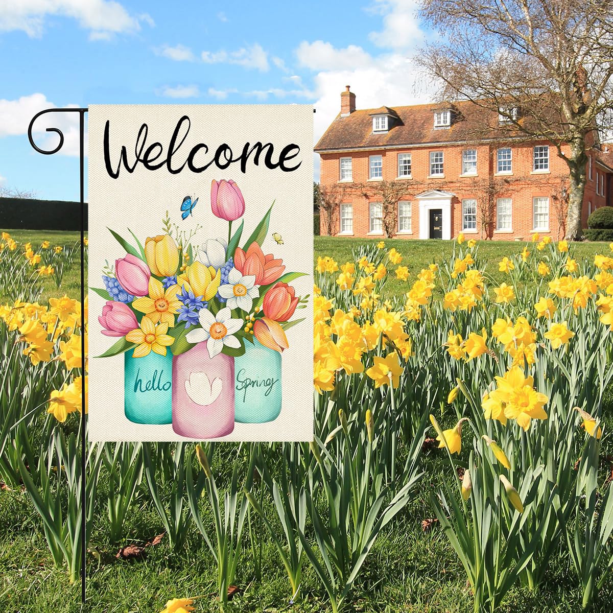HOSCAPE Welcome Spring flag easy install with a 2-inch sleeve.