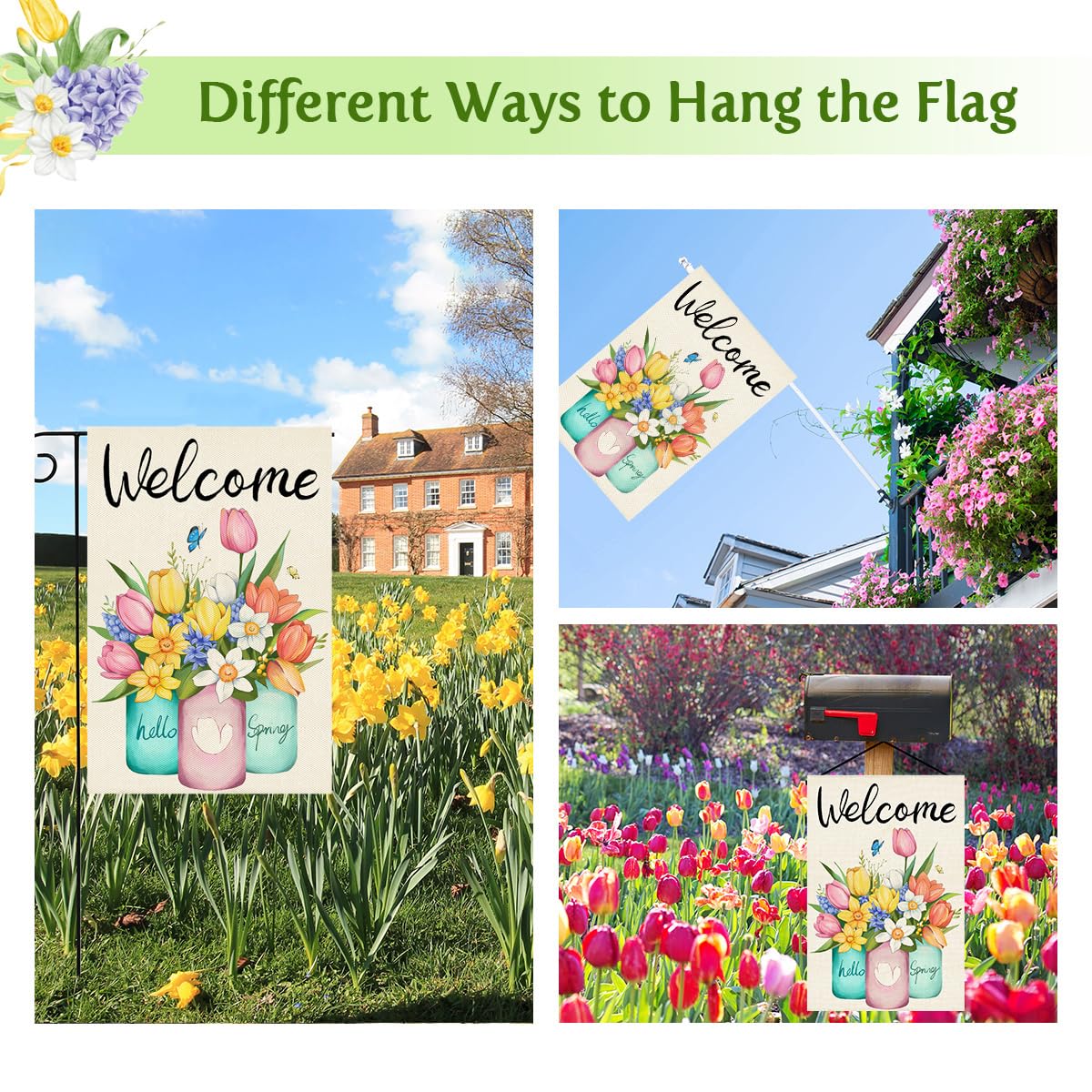 HOSCAPE Welcome Spring flag lavender pattern brightens garden spaces.