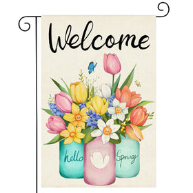HOSCAPE Welcome Spring flag tulip pattern enhances outdoor curb appeal.