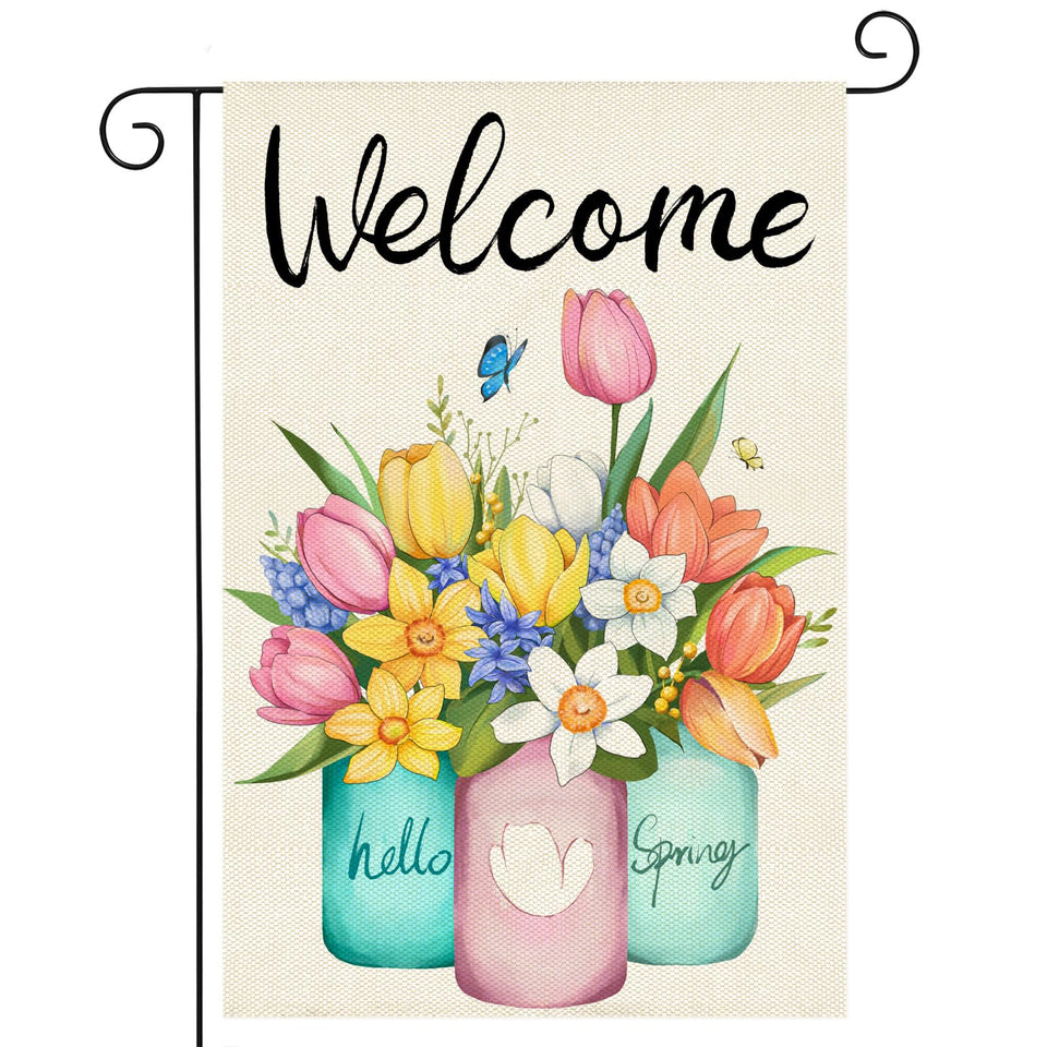 HOSCAPE Welcome Spring flag tulip pattern enhances outdoor curb appeal.