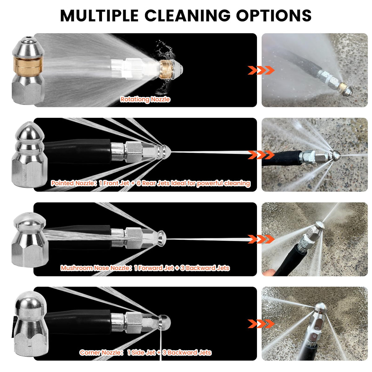 HOSEING pointed sewer jetter nozzle concentrates flow to clear blockages