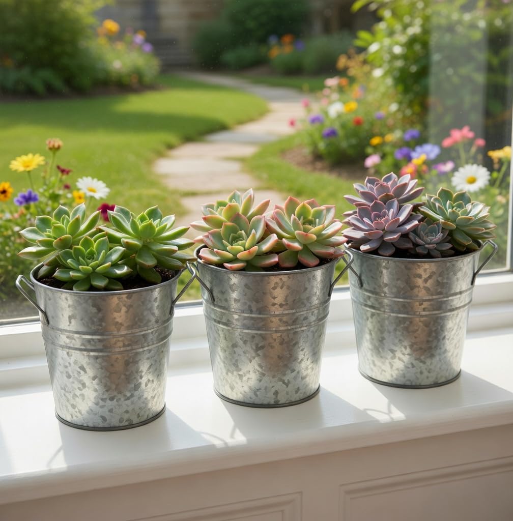 Hosley galvanized planters on a window sill with compact indoor greenery.
