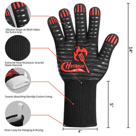 Hostaque gloves protect wrists and forearms during high-heat grilling tasks.