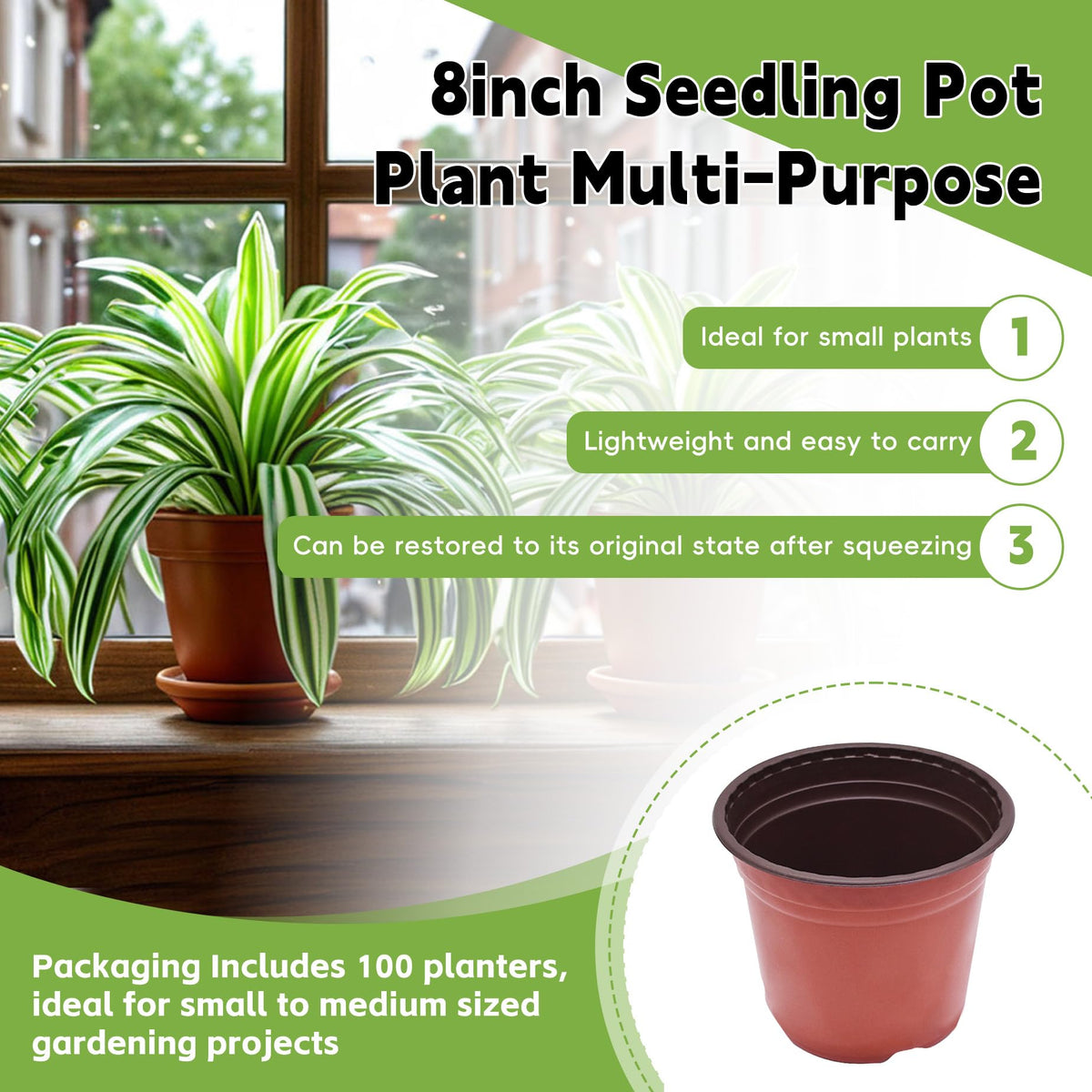 HOSTIC 8 inch nursery pot shown for garden use with bottom drainage.