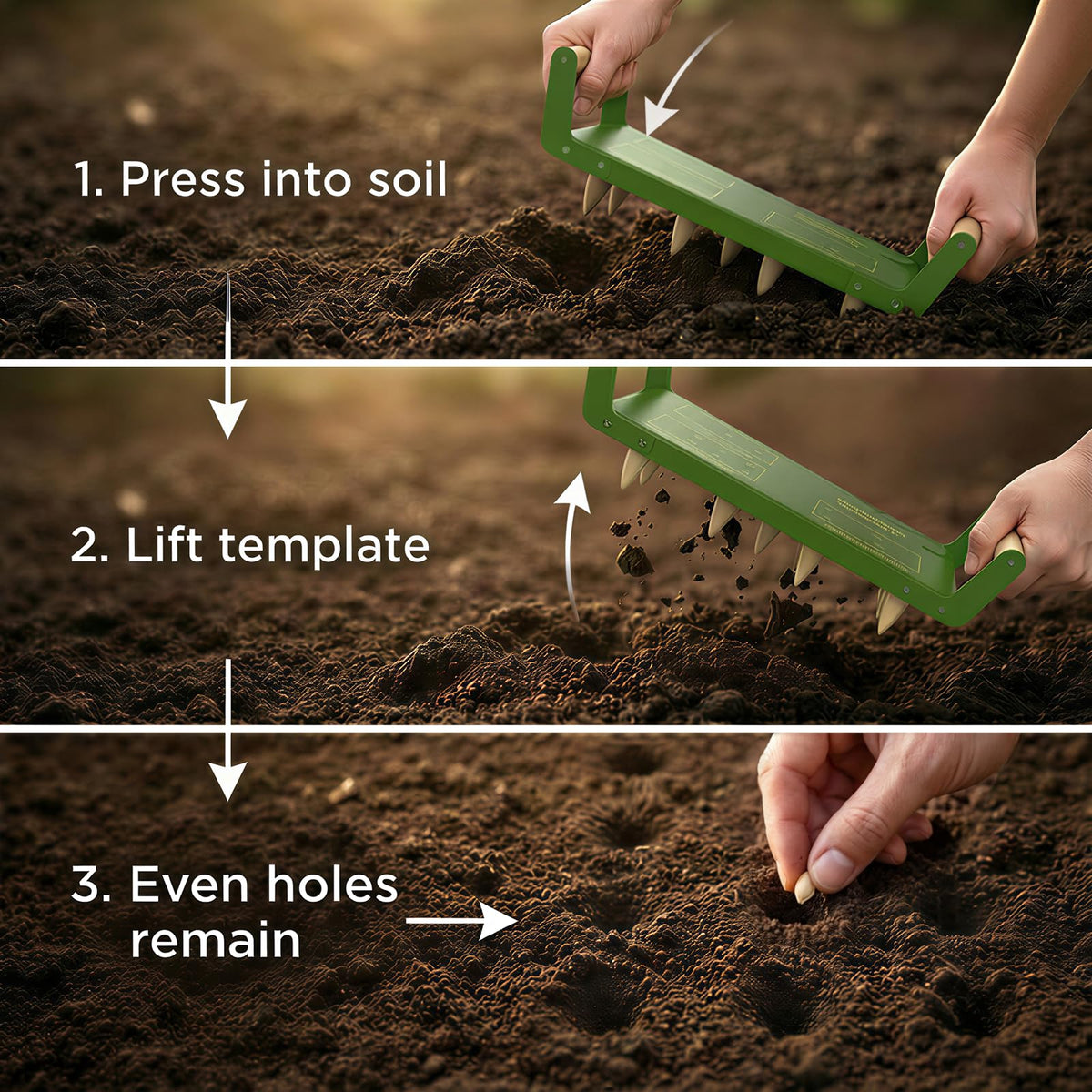 HOSUKU Seed Spacer Tool steel template built to last through garden tasks.