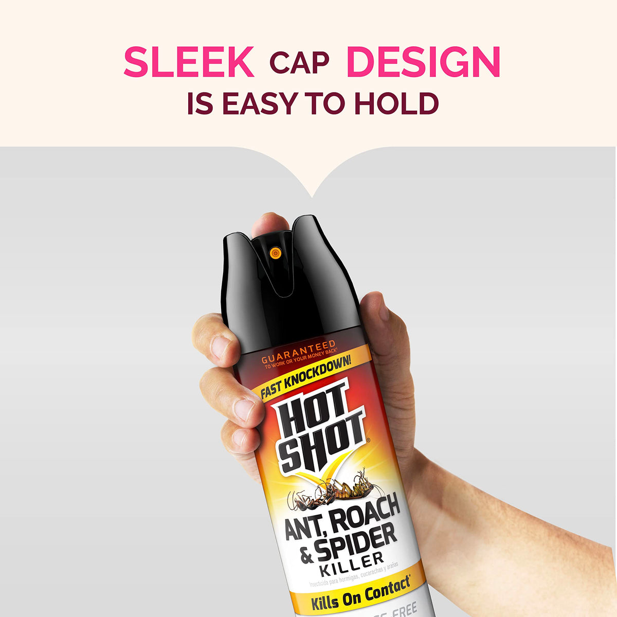 Hot Shot kills ants, roaches, and spiders on contact.