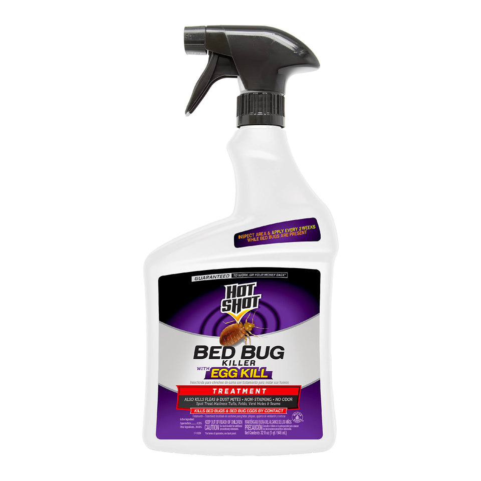 Hot Shot Bed Bug Killer spray bottle shown for indoor use against bed bugs
