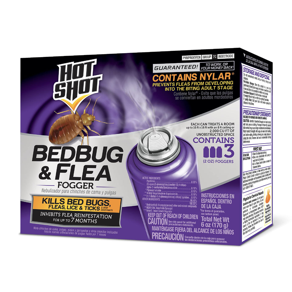 Hot Shot BedBug and Flea Fogger packaging for home pest control.