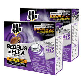 Hot Shot BedBug & Flea Fogger can for indoor pest control, killing bed bugs and fleas.