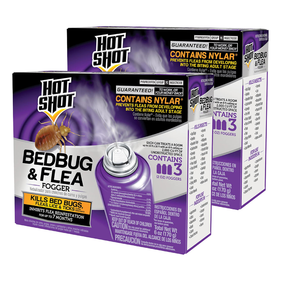 Hot Shot BedBug & Flea Fogger can for indoor pest control, killing bed bugs and fleas.
