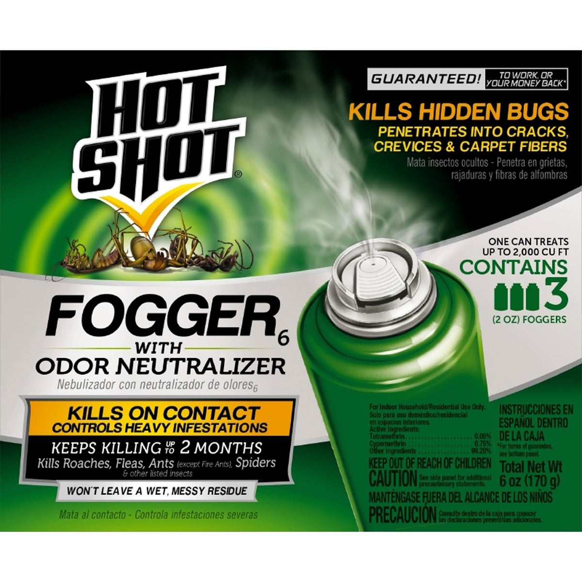 Hot Shot indoor fogger can releases odor-neutralizing mist for quick pest control.