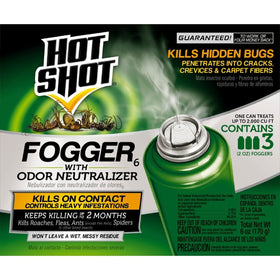 Hot Shot indoor fogger can releases odor-neutralizing mist for quick pest control.