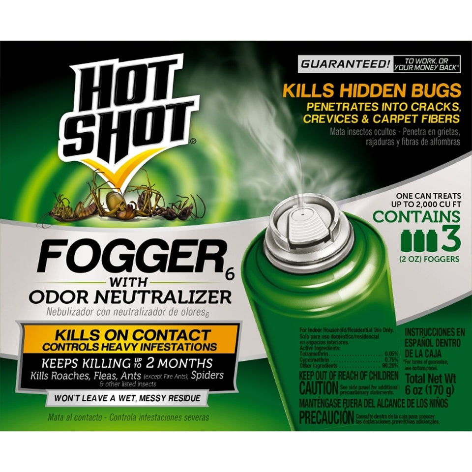 Hot Shot indoor fogger can releases odor-neutralizing mist for quick pest control.