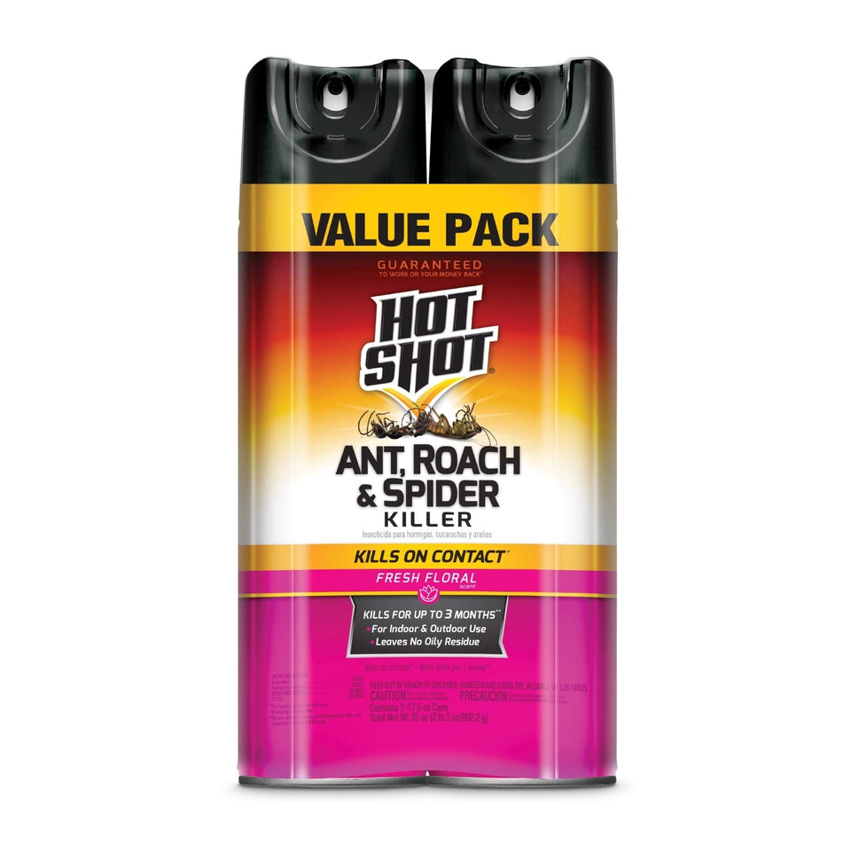 Hot Shot twin-pack 17.5 oz cans for fast knockdown and long-lasting indoor-outdoor protection.