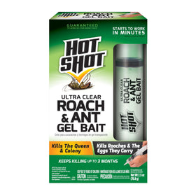 HOT SHOT Ultra Clear Roach and Ant Gel Bait packaging shows easy, ready-to-use pest control.