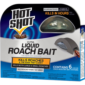 Hot Shot Ultra Liquid Roach Bait 6-count pack on display; attracts roaches and targets nests.