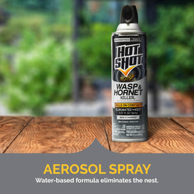 Jet spray path reaches 27 feet for outdoor nest treatment by Hot Shot.