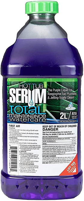 Hot Tub Serum bottle pouring a weekly dose to promote clearer water.