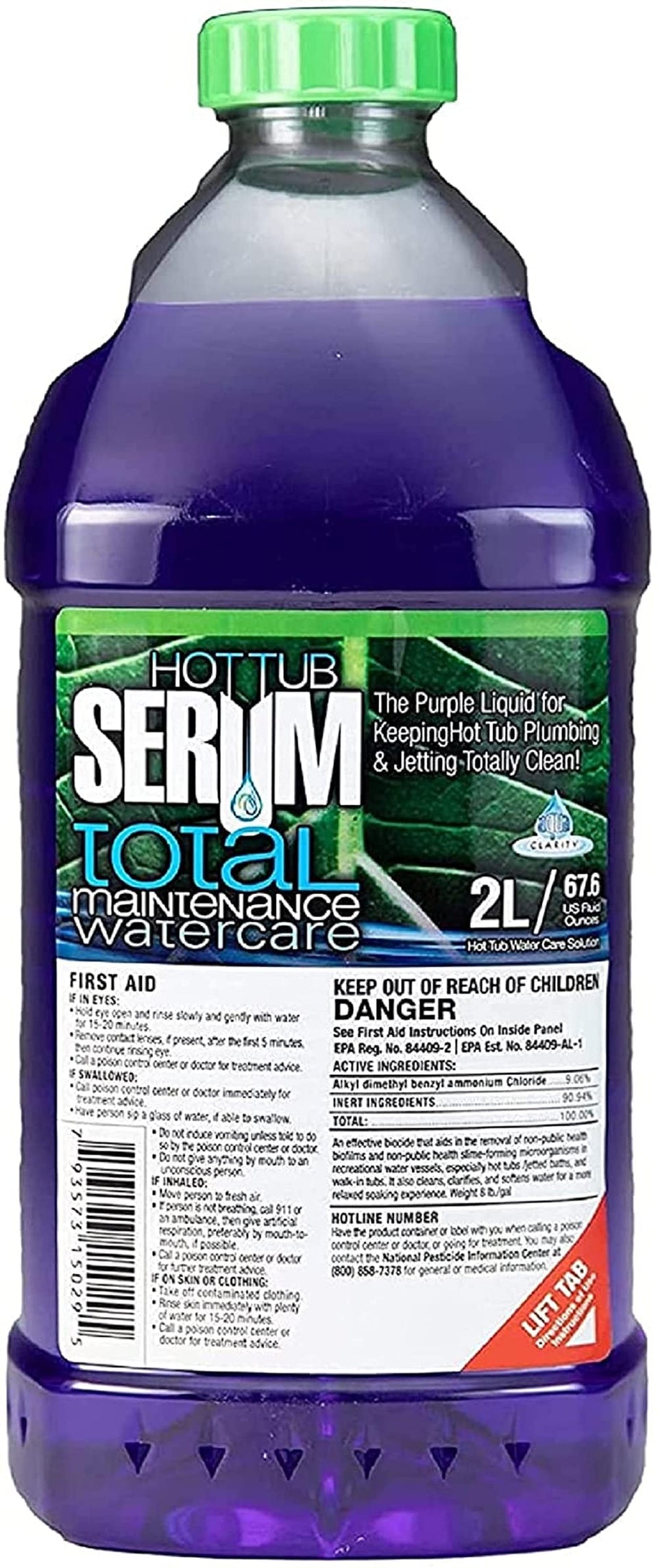 Hot Tub Serum bottle pouring a weekly dose to promote clearer water.