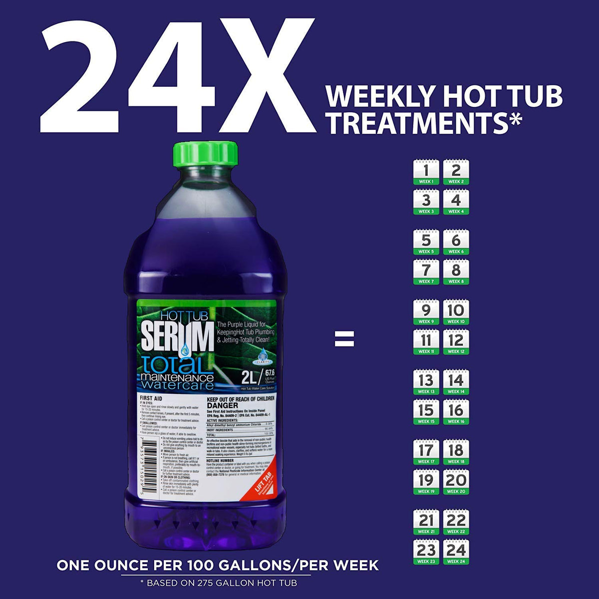 Hot Tub Serum in use, pouring into the tub for weekly maintenance.