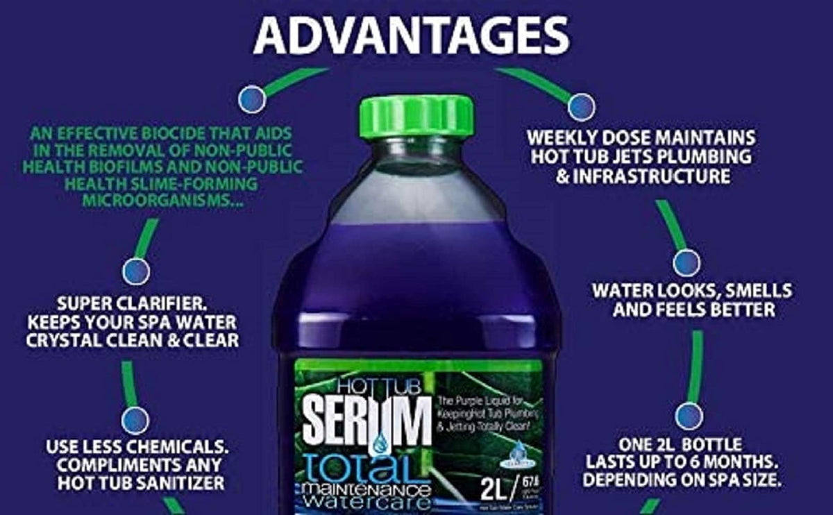 Hot Tub Serum label close-up showing dosing guideline and size.