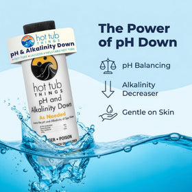 Hot Tub Things alkalinity down bottle helps prevent scale in spa water.