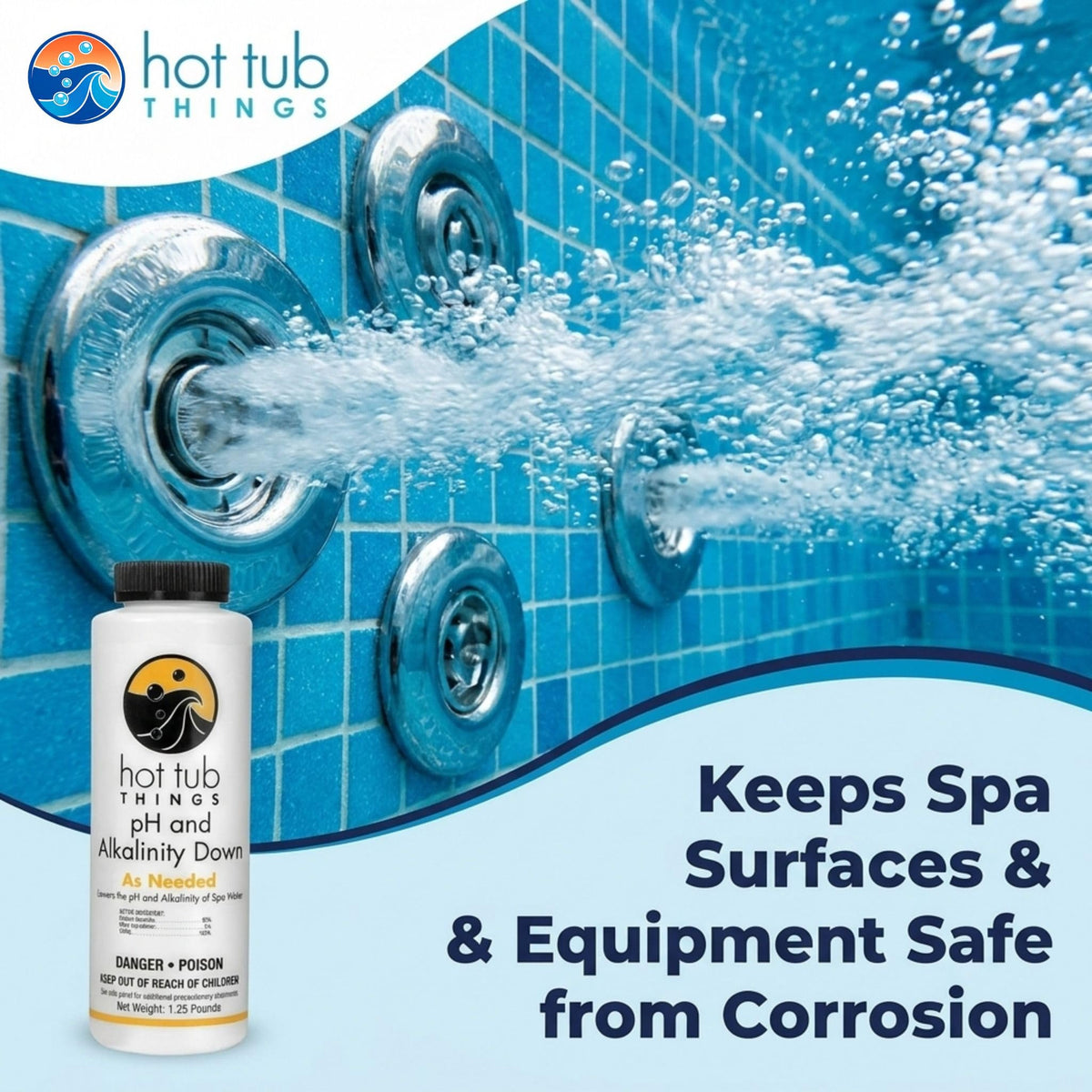 Hot Tub Things bottle on spa edge signals simple water maintenance.
